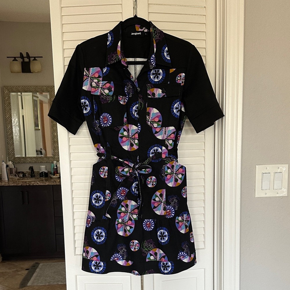 Desigual Black Dress with Colorful Geometric Patterns
